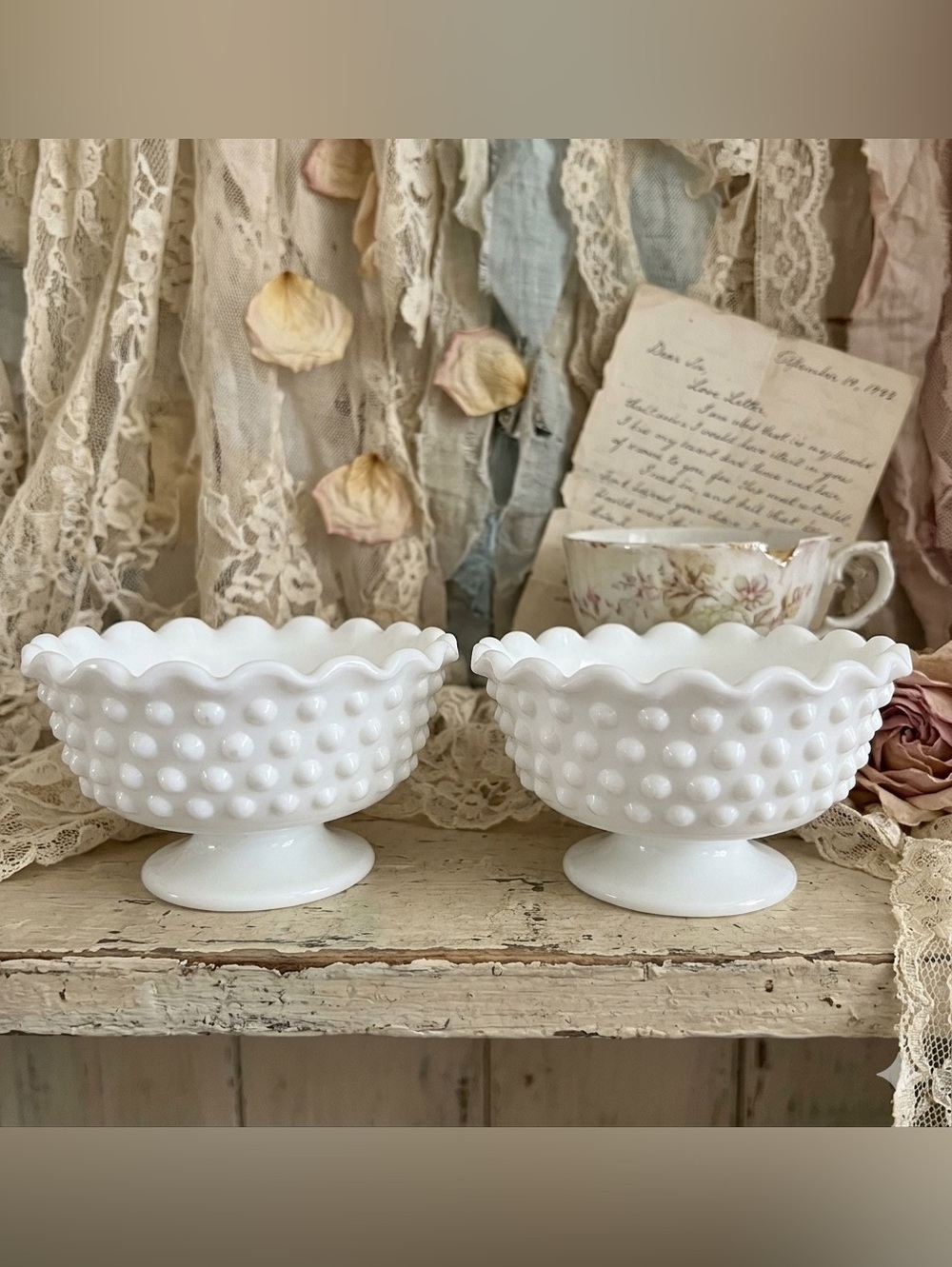 🌸 Vintage Hobnail Milk Glass Candle Holders, White, Pair, Set of 2